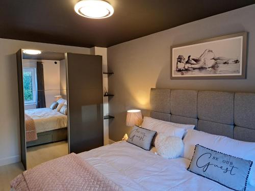 科芙SeaView Apartment Suite的一间卧室配有一张床和一面大镜子