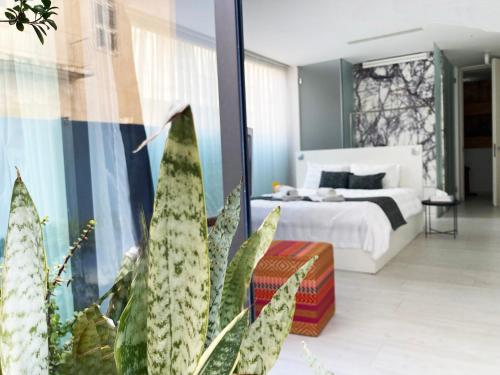 拉纳卡Lokàl Boutique Hotel的一间卧室配有床和植物