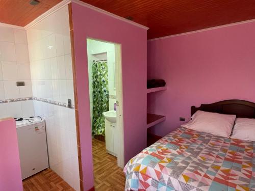 皮奇勒姆Hospedaje Los Abuelos的一间带紫色墙壁和一张床的卧室以及一间浴室。