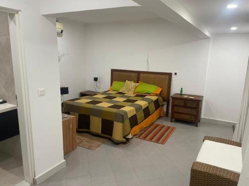 BelasCasa Luxuosa na Ilha do Mussulo的一间卧室配有一张带 ⁇ 子毯子的床