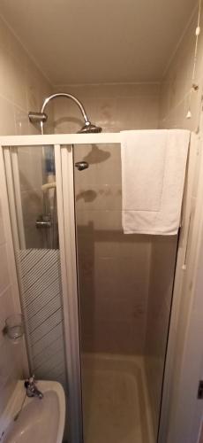 波特马吉渡船酒店的带淋浴、卫生间和盥洗盆的浴室