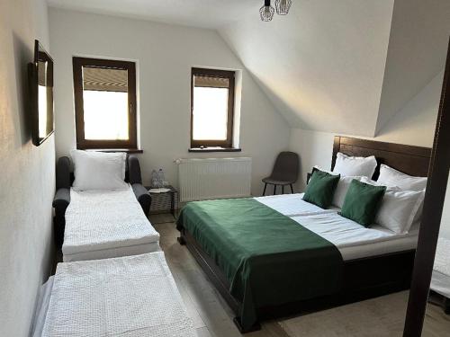 CăpîlniţaBORSIKA PENSIUNE & SPA的一间卧室设有两张床和两个窗户。