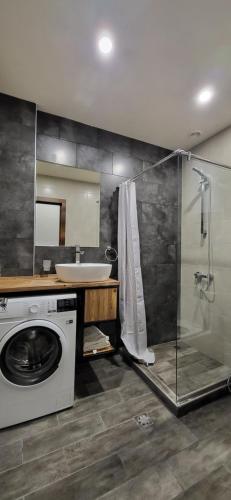 萨克德佐尔镇Kechi Apart Hotel的一间带洗衣机和水槽的浴室