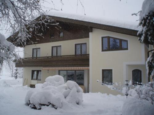 弗拉绍Appartements Winter Anita的前面的雪覆盖的房子