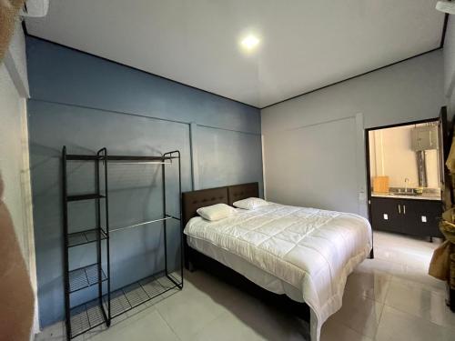 San JuanilloCabina Don Luis的一间卧室设有一张床和蓝色的墙壁