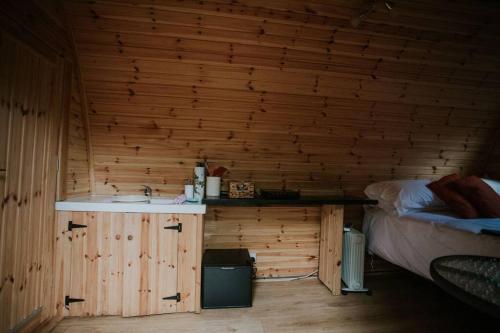 巴茅思River Side Cabin with Hot tub Snowdonia的一间带水槽的浴室和一张位于客房内的床