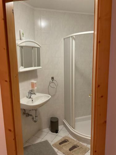 索尔察瓦TURISTIČNA KMETIJA STREVC的带淋浴和盥洗盆的浴室