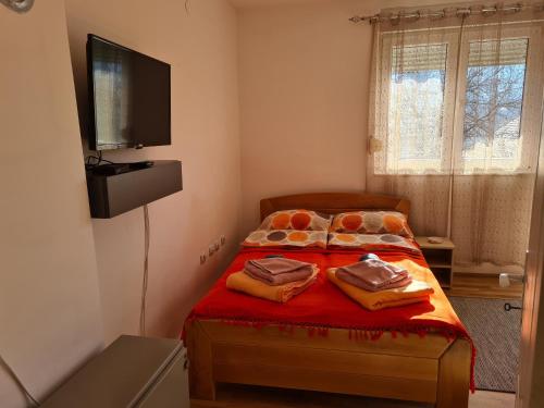 索科矿泉村Bisa的一间卧室配有一张带红色床单的床和一台平面电视。
