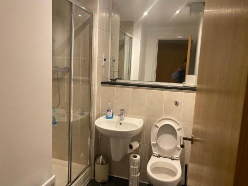 格拉斯哥City Centre 2 bedroom apartment, secure parking.的浴室配有卫生间、盥洗盆和淋浴。