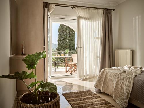扎金索斯镇Villa Iama的一间卧室设有一张床,并有通往庭院的门