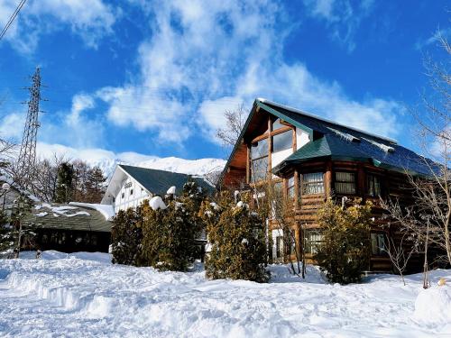白马村Hakuba Pension & Log Hotel Meteor的雪地里的小木屋,有雪覆盖的树木