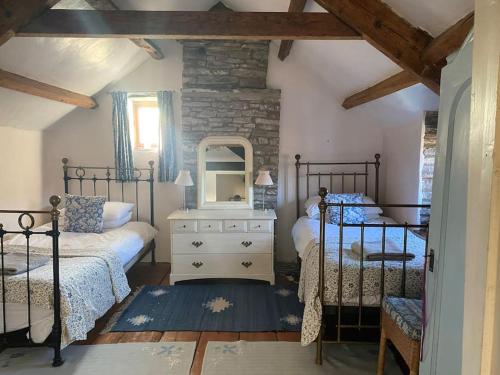 克里克豪厄尔Cosy Country Cottage; Brecon Beacons的一间卧室配有两张床和镜子