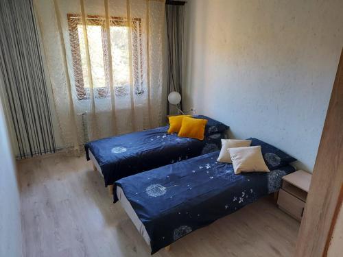 Straupe布尔塔卡斯休闲中心假日公园的配有两张蓝色床单和黄色枕头的客房内的床铺