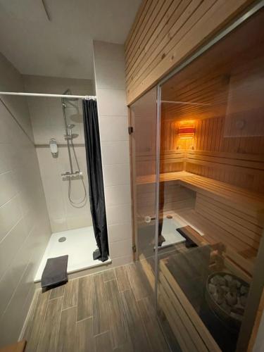 吕贝克ApartHotel Stadtpark的带淋浴和玻璃门的桑拿浴室
