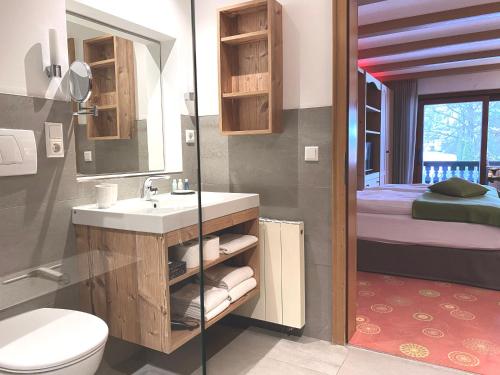 巴特维塞Sonnhof Apartments Tegernsee - zentral und perfekt für Urlaub & Arbeit的一间带水槽和卫生间的浴室以及一张床