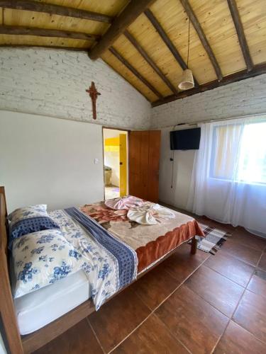 卡兰卡斯Chalé Boa Vista的卧室配有一张墙壁上的横截床