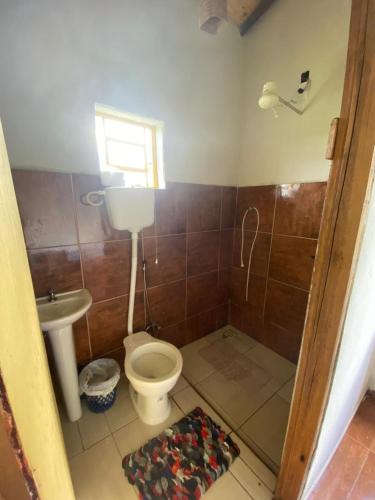 卡兰卡斯Chalé Boa Vista的一间带卫生间和水槽的浴室