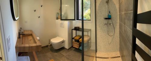 康卡勒Ker Neizh Cancale, Cottage Baie de Cancale GR34的带淋浴和卫生间的小浴室