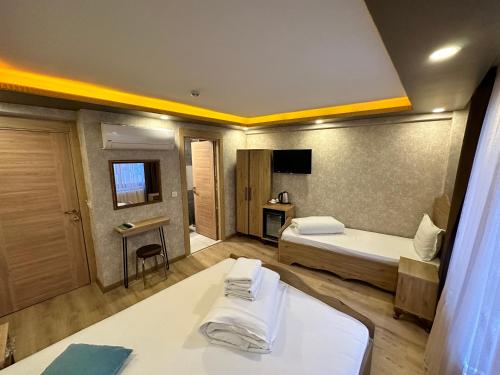 伊斯坦布尔Golden Sail Hotel Old City的酒店客房设有两张床和电视。
