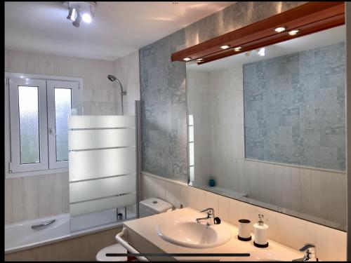锡蒂奥卡拉翁达MI CAPRICHO A12 BEACHFRONT - Apartment with sea view- Costa del Sol的一间带水槽和镜子的浴室