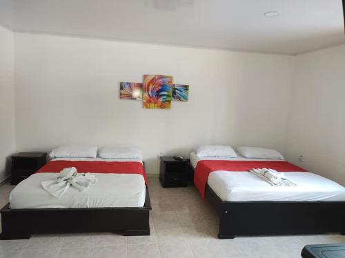 比利亚加松Hotel Campo Verde的两张睡床彼此相邻,位于一个房间里