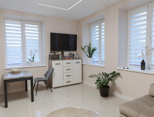 考纳斯Sodu apartment的白色的客厅配有电视和椅子