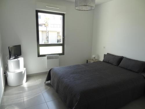 塞特港Appartement Sète, 2 pièces, 4 personnes - FR-1-472-113的一间卧室设有一张床、一个窗口和一台电视