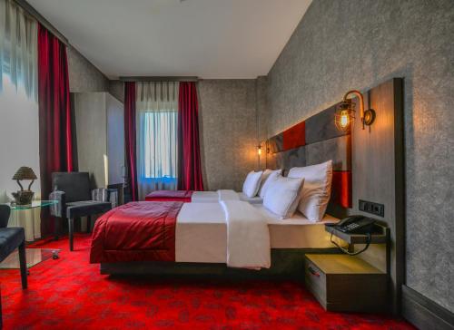 伊斯坦布尔阿塔希尔A11酒店的酒店客房,配有一张铺有红地毯的大床