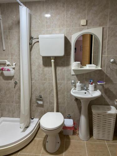 鲁马Apartman Stojadinović的浴室配有卫生间、盥洗盆和淋浴。