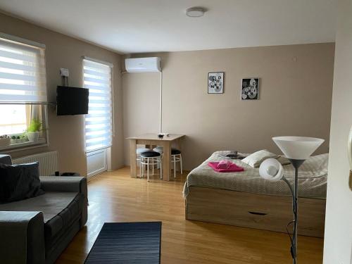 鲁马Apartman Stojadinović的客厅配有床和沙发