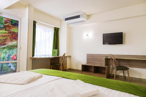 百乐·奥拉内斯蒂Hotel Olanesti & Spa Medical的一间卧室配有一张床、一张书桌和一台电视。