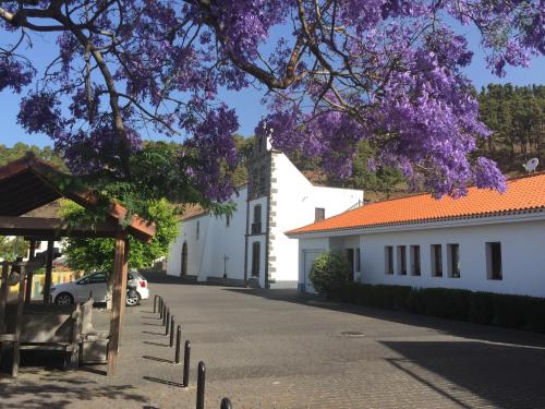 丰卡连特德拉帕尔马Casa Las Enanitas I - Casa Leo的一条有白色建筑和紫色花树的街道