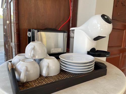 乌泰他尼府THA PAE SUNG - ท่าแพซุง的厨房柜台配有盘子、咖啡机和微波炉