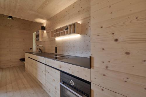 里登Chalets Lara & Louise的厨房设有木墙、水槽和炉灶。