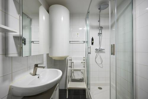 戛纳Apparthotel des Congrès et Festivals的白色的浴室设有水槽和淋浴。