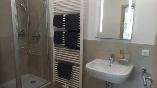 吉贝尔施塔特Katjas Ferienwohnungen的一间带水槽和淋浴的浴室