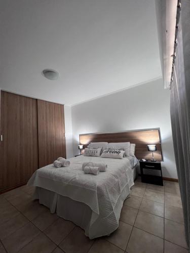圣罗莎Luxury Spinetto的一间卧室配有一张床,上面有两条毛巾