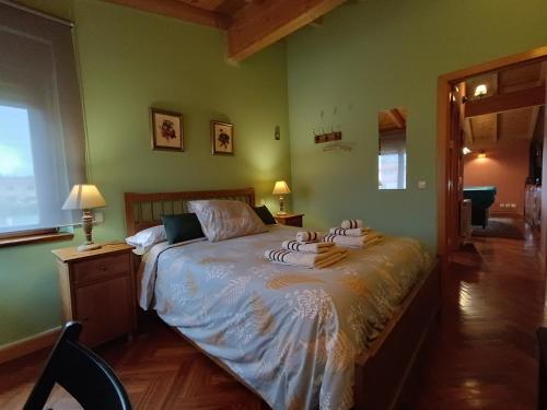 布尔戈斯Cuarenta y Ocho Luces的一间设有床铺的卧室,位于一个拥有绿色墙壁的房间