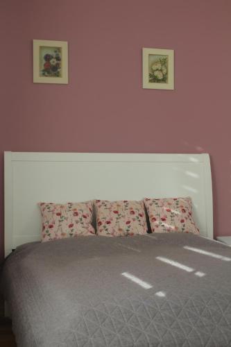 科瓦科瓦Spa Apartmán Kováčová的卧室配有一张墙上有两张照片的床。