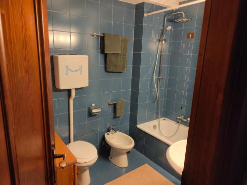 圣维托-迪卡多雷Hometoday - Appartamento nel cuore di San Vito di Cadore的蓝色瓷砖浴室设有卫生间和水槽