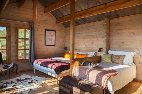 博古梅尔Pian Del Mund的小木屋内一间卧室,配有两张床
