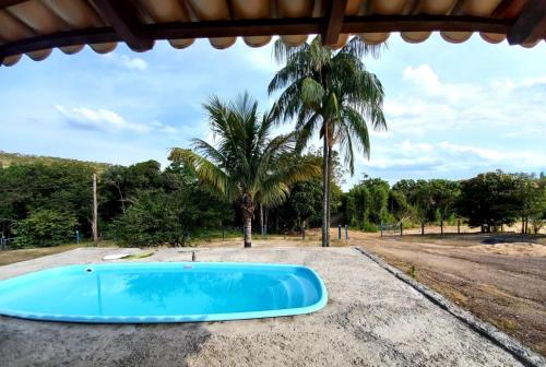 卡皮托利乌RANCHO PÉ DA SERRA的蓝色的游泳池,后面有棕榈树