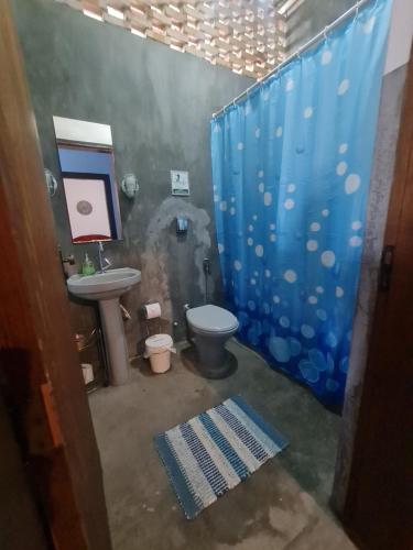 戈亚斯MAEVE Quarto Mata的浴室设有卫生间和蓝色的浴帘。