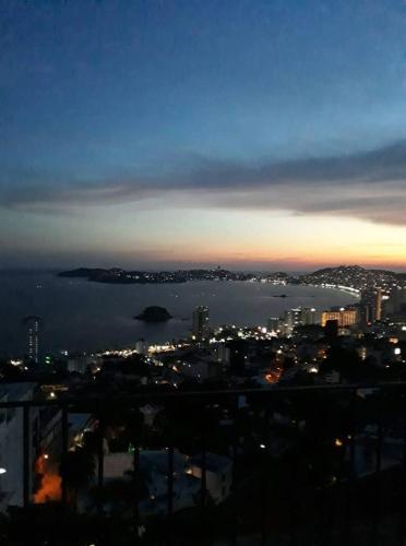 阿卡普尔科Paraíso Departamento Acapulco.的夜晚的城市景观与水景