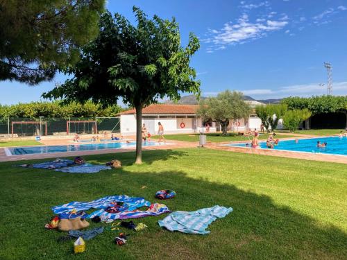 GinestarCasa en la Valleta的一群人躺在游泳池附近的草地上