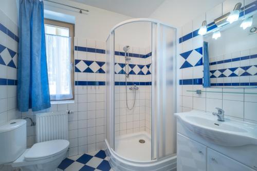 伏尔塔瓦河畔利普诺Apartment Riviera 507-6 Lipno Home的带淋浴、卫生间和盥洗盆的浴室