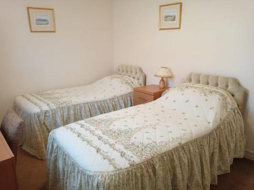 昂肯Glen Dhoo Country Cottages - Meadowview Bungalow的配有梳妆台和灯的客房内的两张单人床