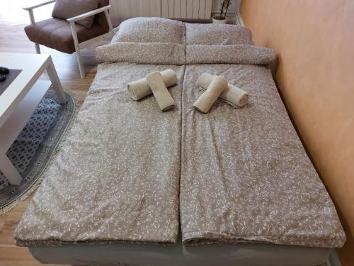 斯雷姆斯卡米特罗维察Apartman Centar的一张床上有两个枕头的房间