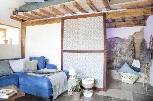 ChiatraEco lodge Carbonaccio的客厅设有蓝色的沙发和墙壁。