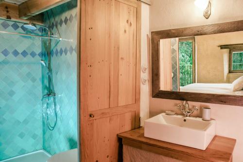 ChiatraEco lodge Carbonaccio的一间带水槽、淋浴和镜子的浴室